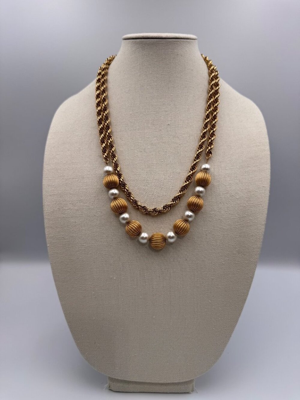 Vintage Gold Tone Double Strand Faux Pearl Ribbed Bead Statement Necklace